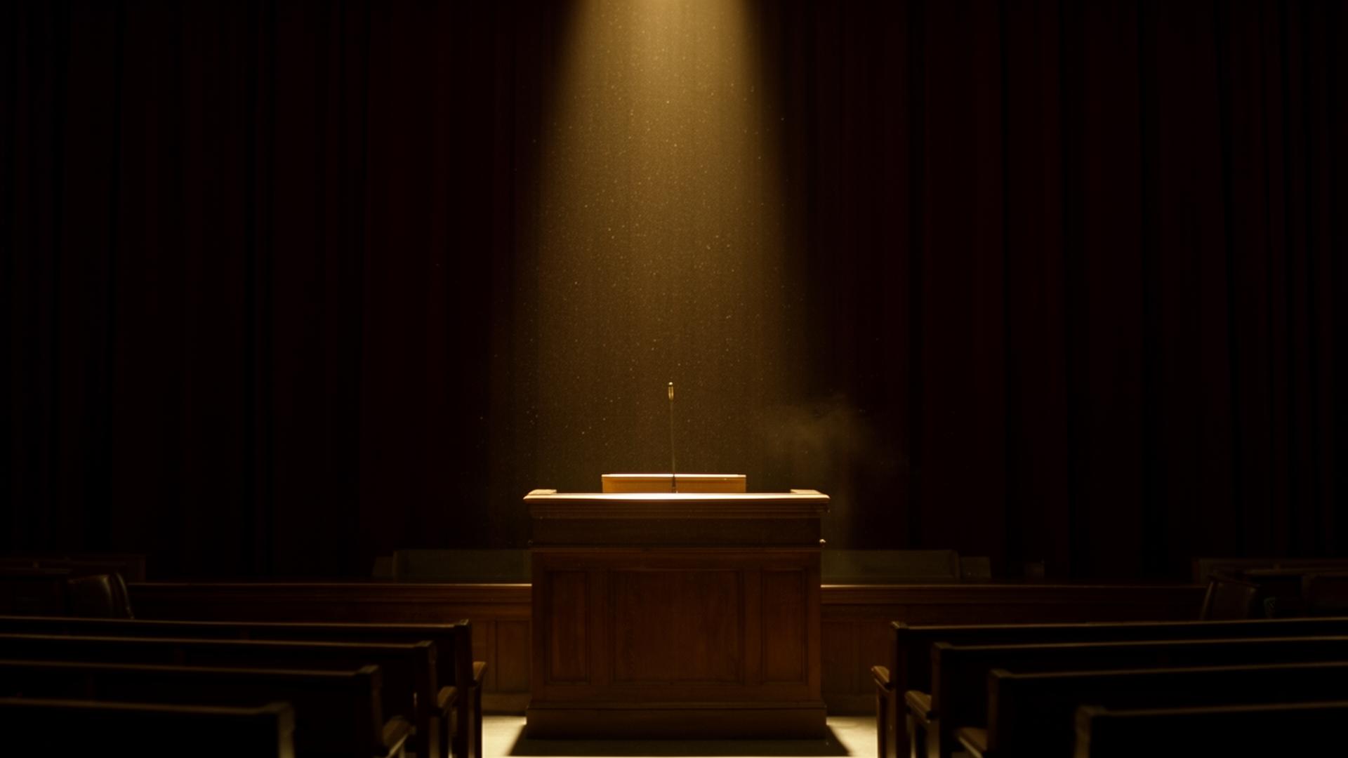 Empty courtroom in shadow with a single shaft of golden light