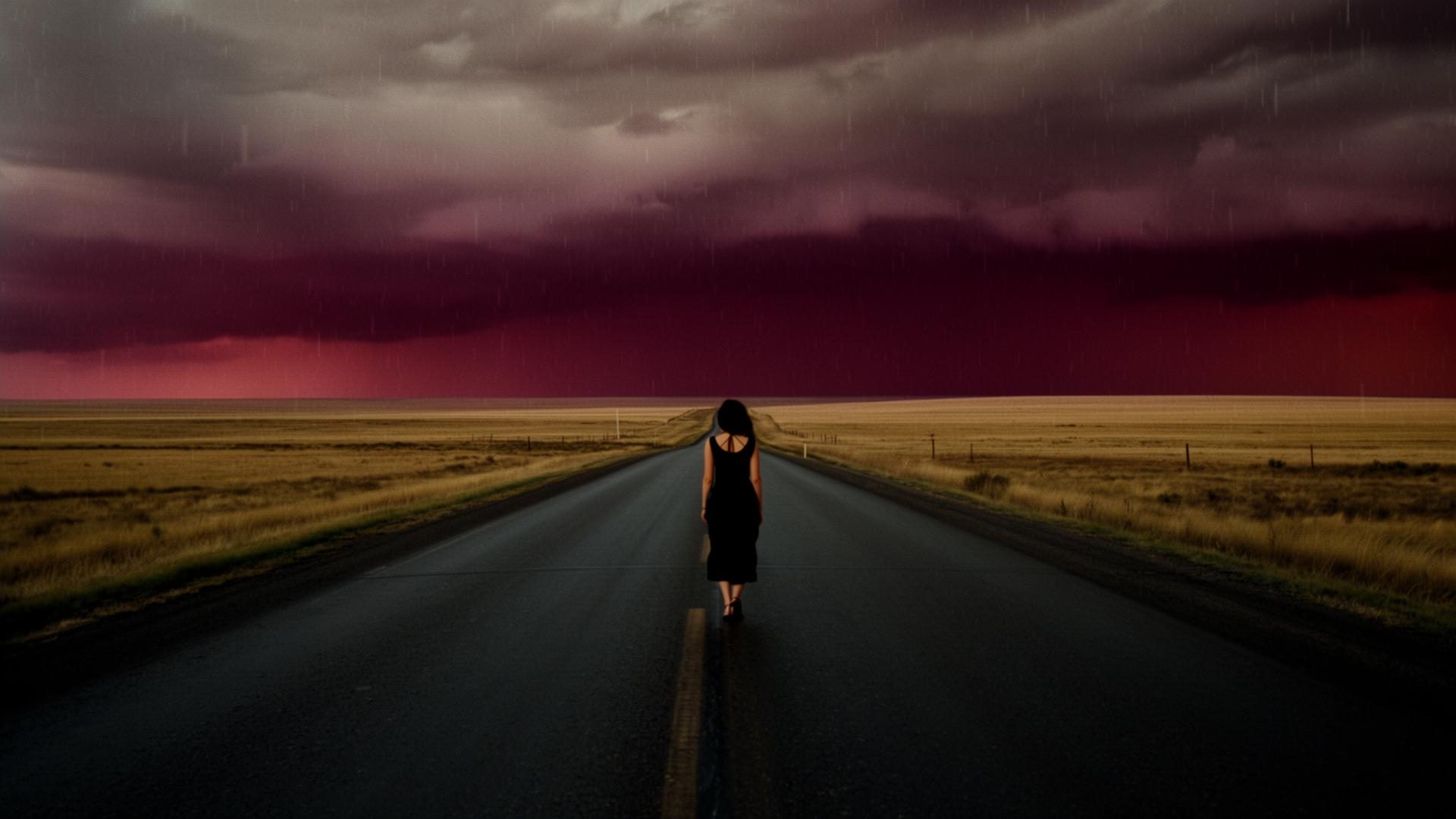 Lone figure on an empty Oklahoma highway under a stormy burgundy sky